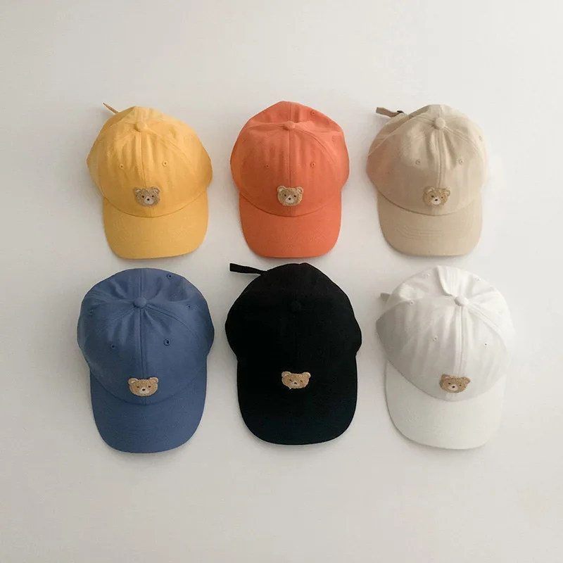 Baseball Cap Cartoon Bear Baby Baseball Cap Solid Color Cotton Toddler Peaked Hat Korean Adjustable Kids Boy Girl Sun Hats