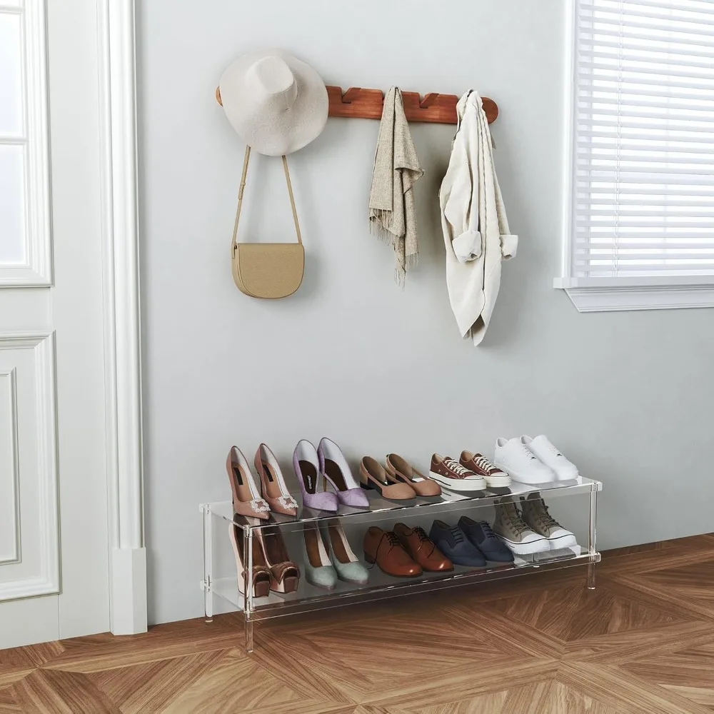 acrylic long shoe rack - 2 tier shoe organizer for closet- wide shoe shelf clear shoes rack for entryway, 42.7'' l x 11.8'' w x