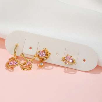 Exquisite Pink Zircon Cute Heart Earrings Set for Women Fashion Gold Color Ear Cuff Chain Stud Earrings 2023 Jewelry Wholesale