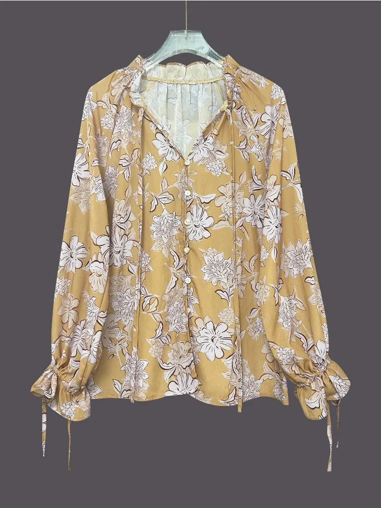 New Fashion 2025 Elegant Lace Neck Flared Sleeve Lace-Up Shirt Loose Casual New Chinese Cardigan Single-breasted Yellow Top