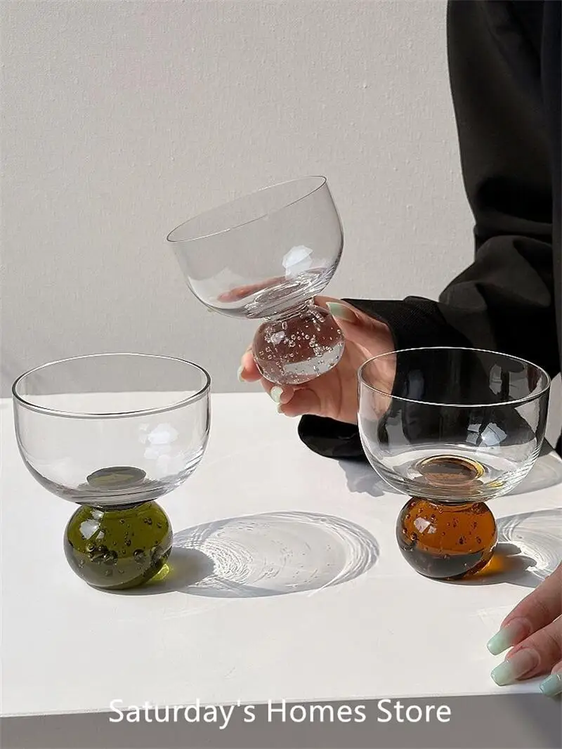 Round Bead Bubble Ice Cream Cup Light Luxury Vintage Ins Style Glass Cup Dessert Milkshake