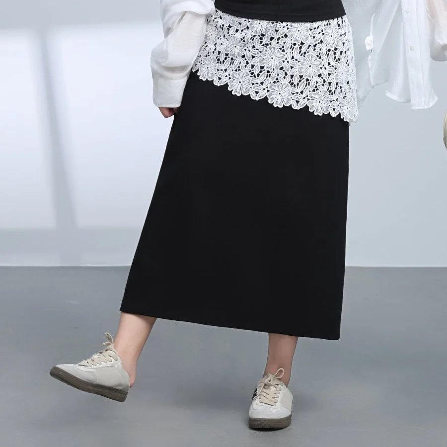 Lace Patchwork Cover The Hips A-Line Skirt Plus Size Women's Premium Chic Bohemian Woven Back Slit Skirt