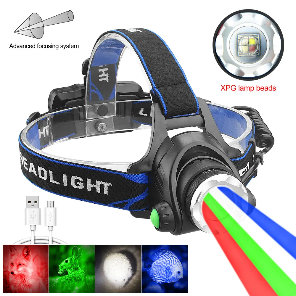 

Red Hunting Headlamp White Zoomable Fishing Headlight RGB White/Green Head Torch UV 395NM Ultraviolet Light Catch Scorpions