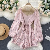 Korean New Spring Summer Chiffon Jumpsuit V-neck Puff Sleeves Folds Slim Slimming Floral Wide-leg Shorts Jumpsuit  UK770 - Image 4
