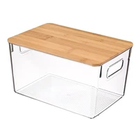 Clear Plastic Office Supplies Storage Container Stackable Desk Organizer with Bamboo Lid for Bathroom Cabinet Desk Organization 2