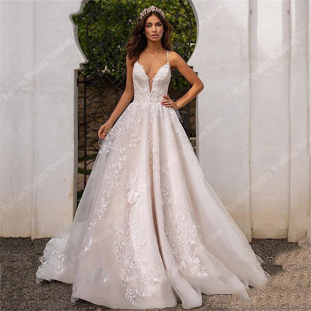 

Delicate Tulle Spaghetti Straps Women Wedding Dresses Sexy Sleeveless Bridal Gowns Luxury Mopping Length Lady Vestidos De Novia