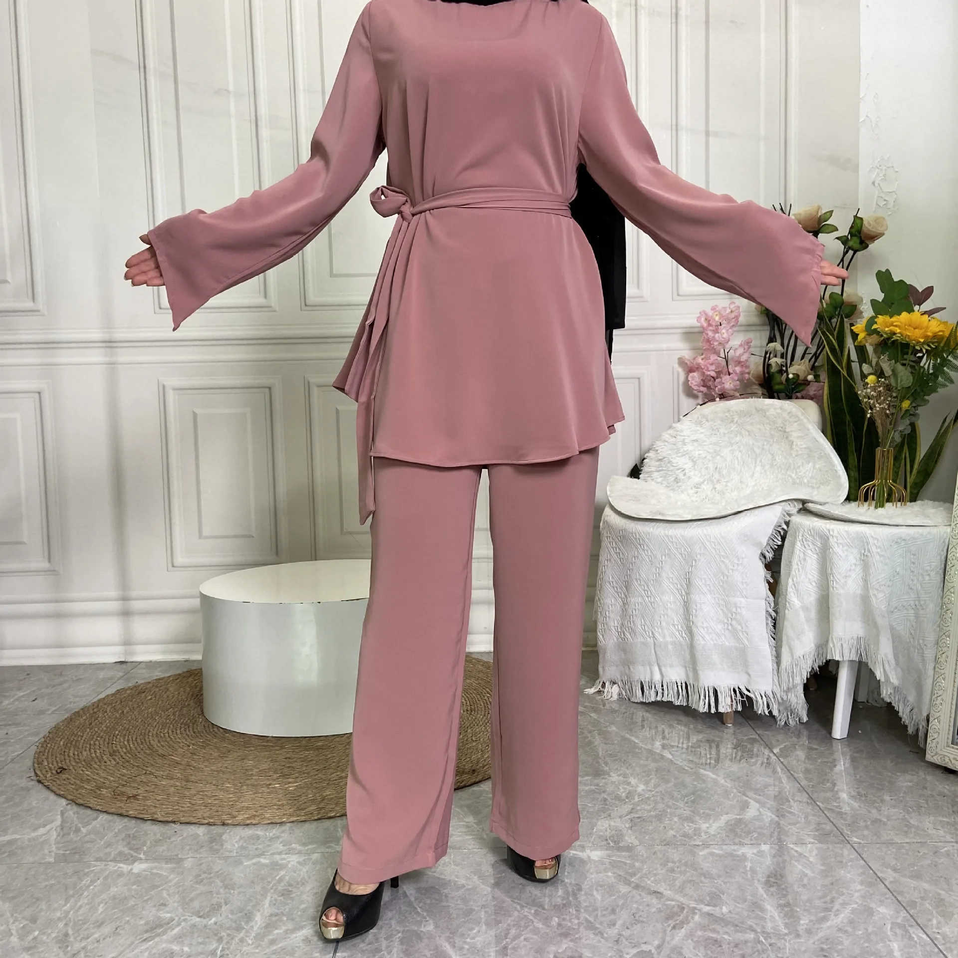 Free Shipping Exclusive Middle East Dubai Fashion Women's Wear: Simple Wide Leg Pants Muslim Nida Lace-up Suit