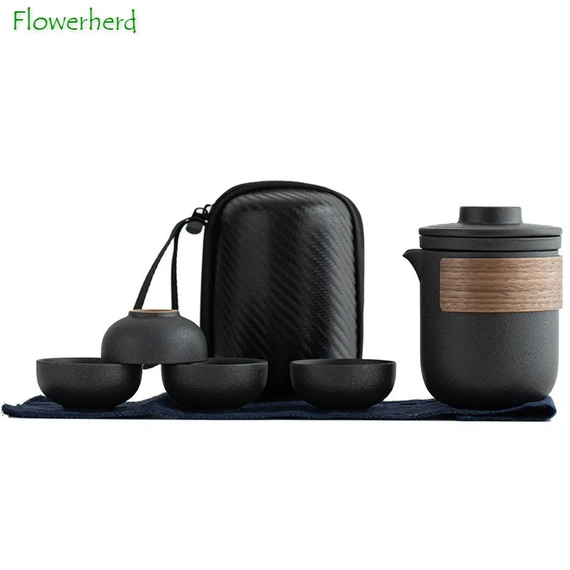 Ceramic Kung Fu Tea Set with Travel Bag Teaware Porcelain Tea Pot and Cup Set Chinese Portable One Teapot and Four Cups