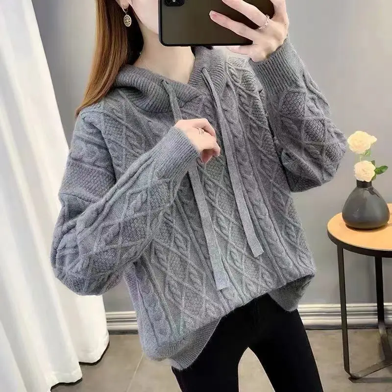 

Twisted jumper 2023 thickened new autumn and winter loose outer wear lazy women's tops knitwear hooded hooded