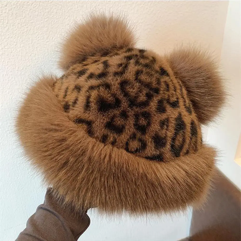Retro Leopard Print Fur Hat Cute Fuzzy Bear Ear Beanie Hat Women Windproof Keep Warm Bucket Hats Winter Thicken Warm Russian Hat