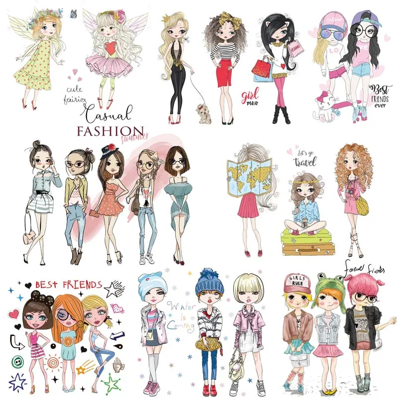 

Beautiful Sisters Applique Iron-on Transfers For Clothing Cartoon Girl Patch Heat Thermal Transfer For Clothes DIY Iron On Patch