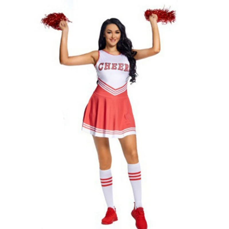 Women Cheerleading Costume Stage Performance School Party Uniform Dress With Socks Pom poms Set