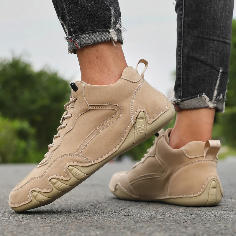 New Retro Men's Nude Boots Fashionable Comfortable Soft Sole Shoes 2025 High Top Breathable Rubber Luxury Brand Motorcycle Boots