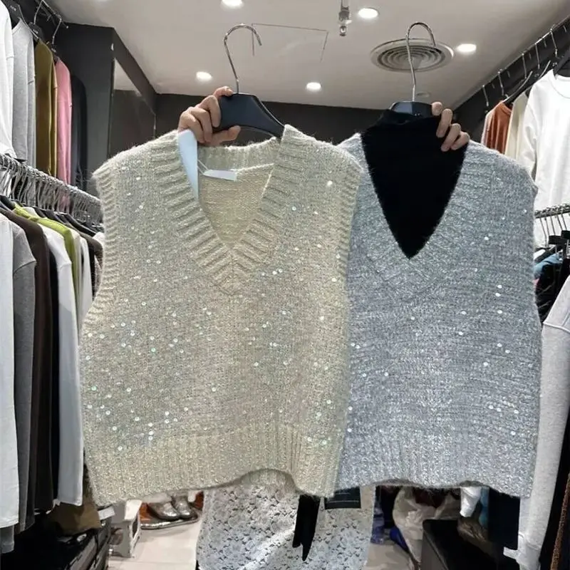 

French Luxury Sleeveless Sequined Sweater Brand V-Neck Knit Vest Women Knitwear Tank Spring Autumn Knitted Tops New Bling H655