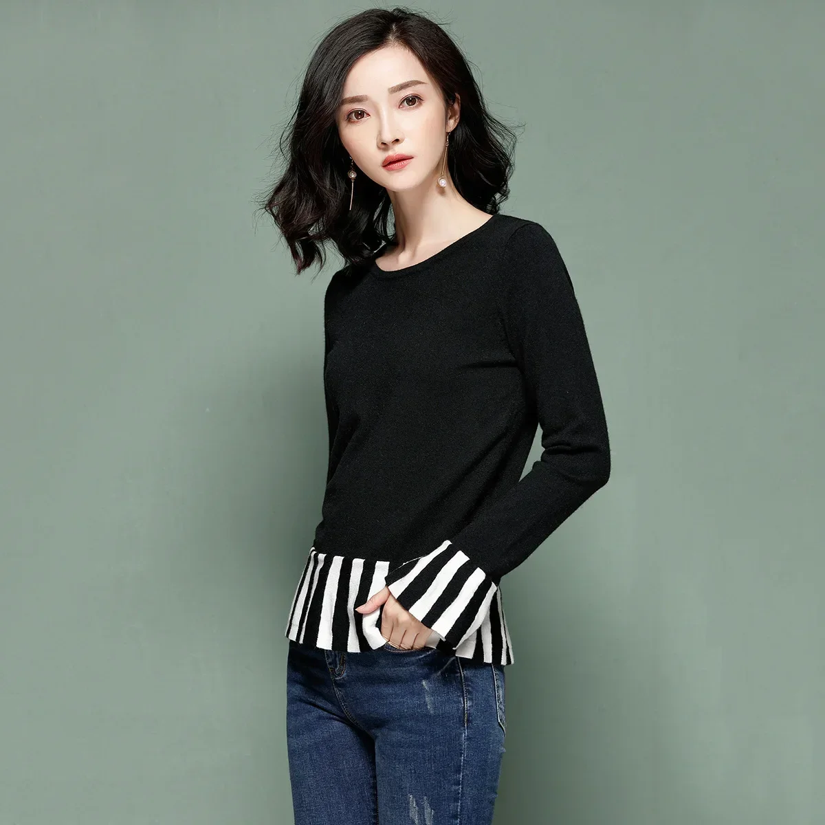 

A Winter Sweater Women Striped Y2k Knitted Jumper All Match Flare Sleeve Pullover Female Pulls Korean Fashion Pullovers