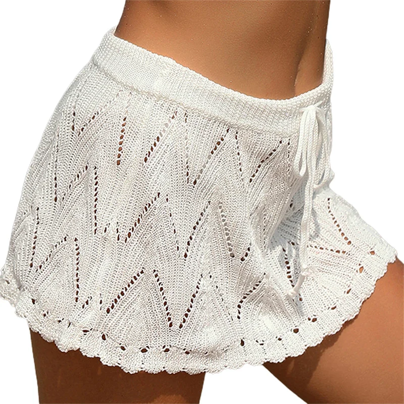 Falda de playa para mujer, de verano, de color liso, con cordón, de cintura alta, de punto, minifalda, traje de baño informal