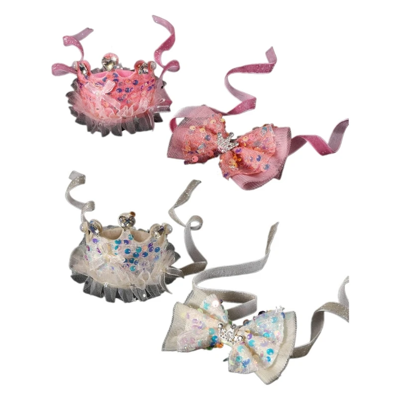 

2PCS Pet Birthday Crowns Holiday Spring Carnivals Photography Dogs Birthday Crowns with Sequins Bow Tie for Celebration