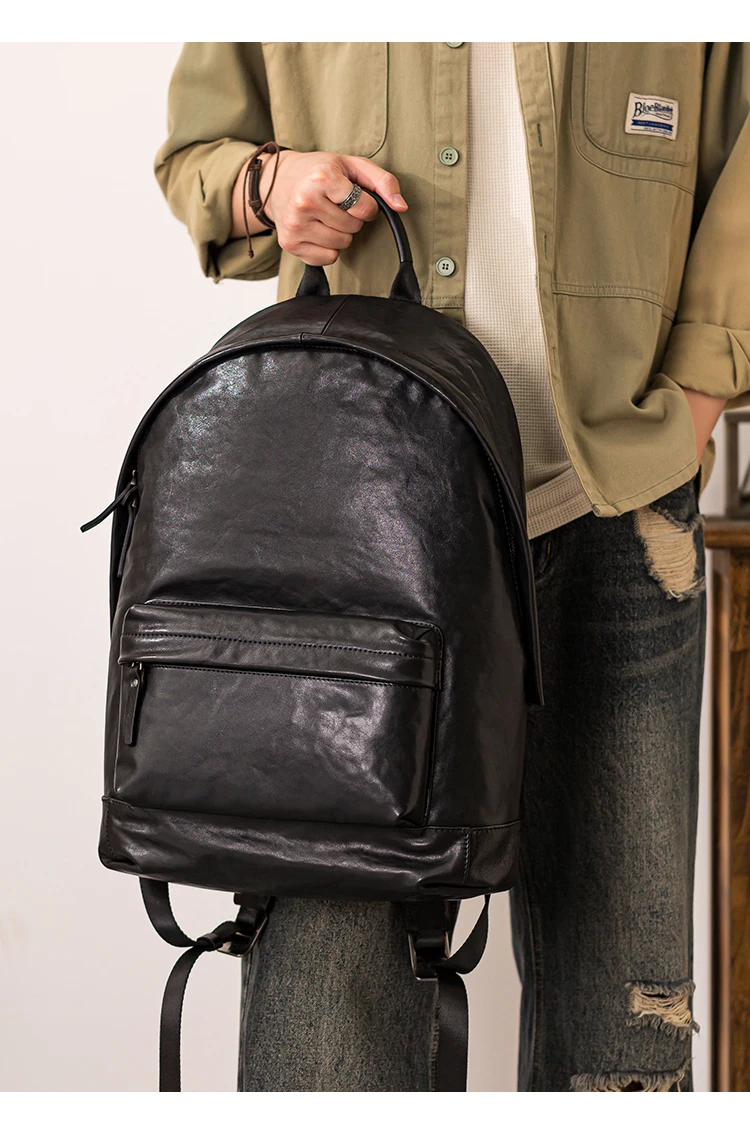 PNDME einfache lässige Luxus echtes Leder Herren große Kapazität Rucksäcke Outdoor-Reise Designer Rindsleder Laptop schwarze Tasche – Detail 7