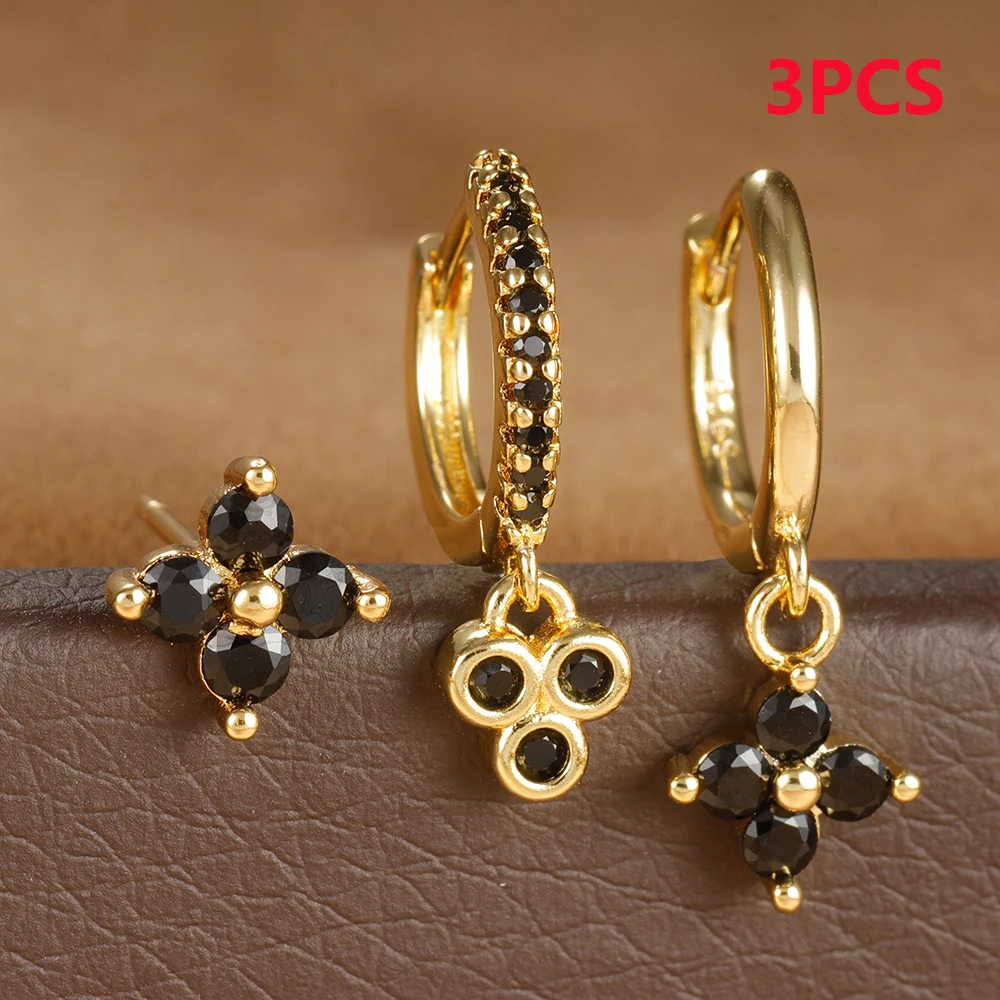 Pendientes Mujer - Pack 3 Pares (flor 5mm, Aros Lisos 14mm, Aros Con Circonitas), Hipoalergénicos, Baño Oro 14k