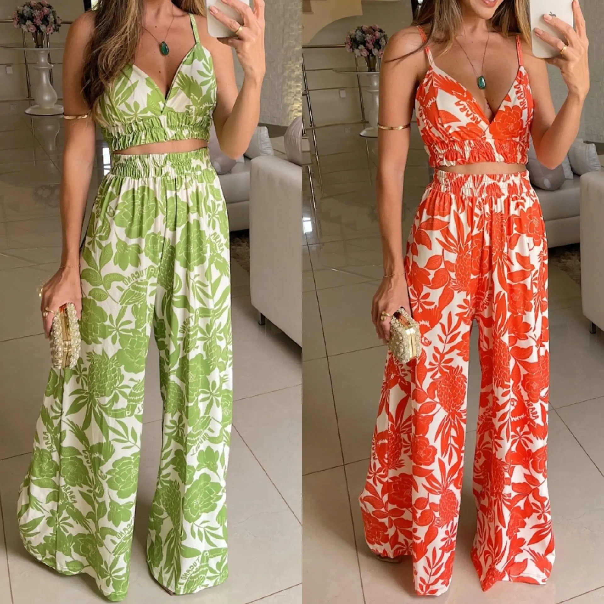 

Two Piece Long Pant Set For Women Sexy Party Club Spaghetti Strap V-neck Print Vest Elastic Waist 2 Piece Set Summer Oufits