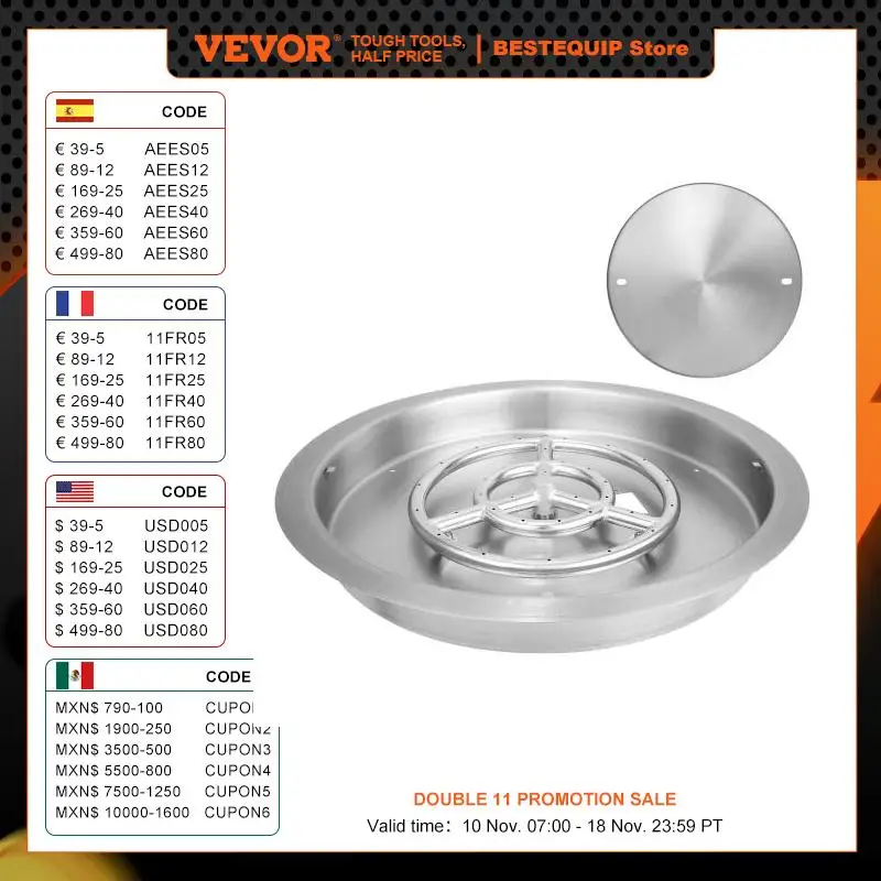 VEVOR 19 inch Round Drop-in Fire Pit Pan Stainless Steel Fire Pit Burner Natural & Propane Gas Pan 92000 BTU with Lid for Indoor
