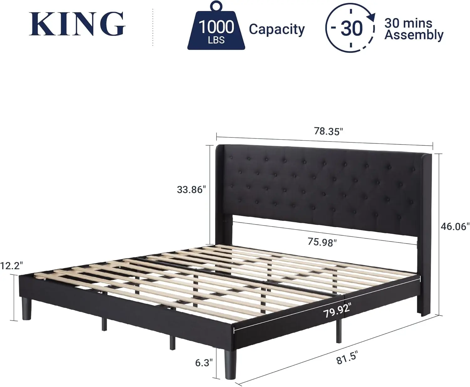 King Size Bed Frame with Button Tufted Wingback Headboard, Modern Upholstered Bed Frame with Solid Wooden Slats Support 2