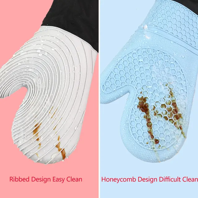 Set di guanti da forno in silicone resistenti al calore, fodera in poliestere morbido, guanti spessi flessibili lunghi impermeabili per la cucina 5