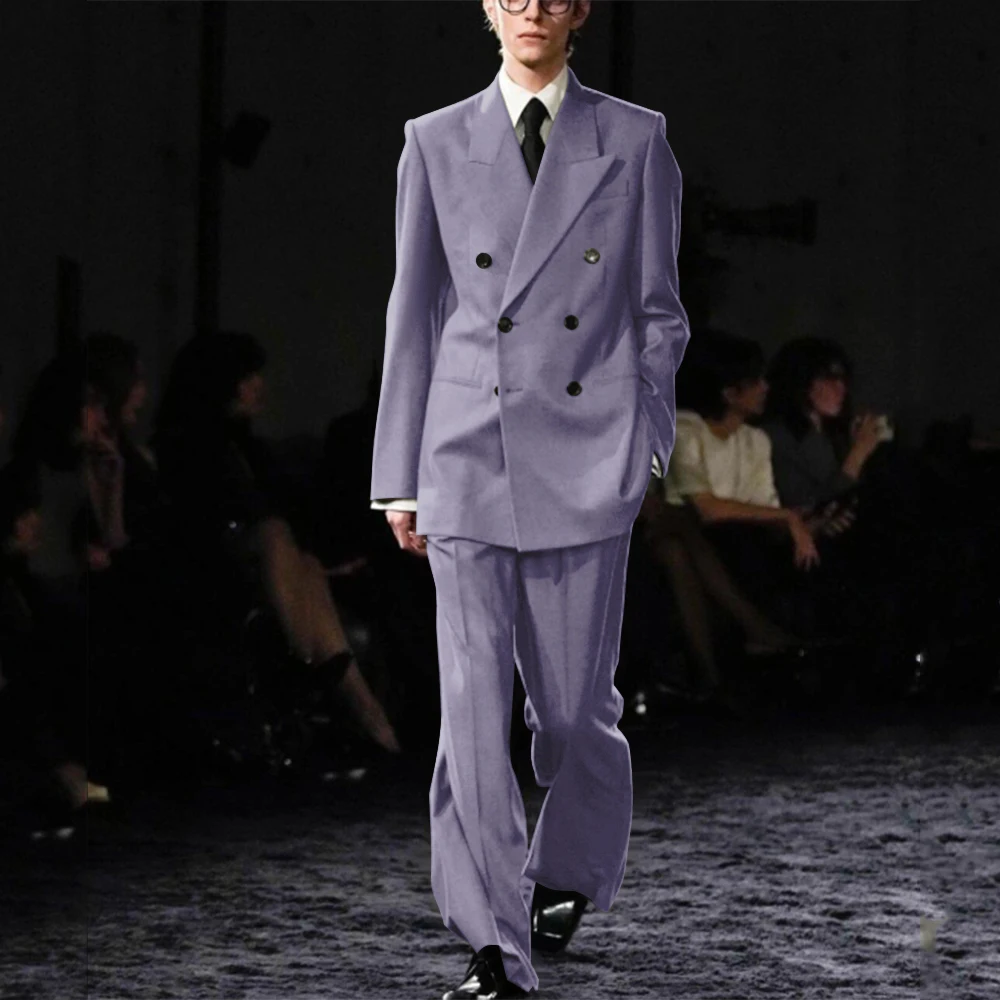 Smart Causal Grey Suit For Men Double Breasted Peak Lapel Loose 2 Piece Jacket Pants Office Daily Prom Terno Masculinos Completo mens suit