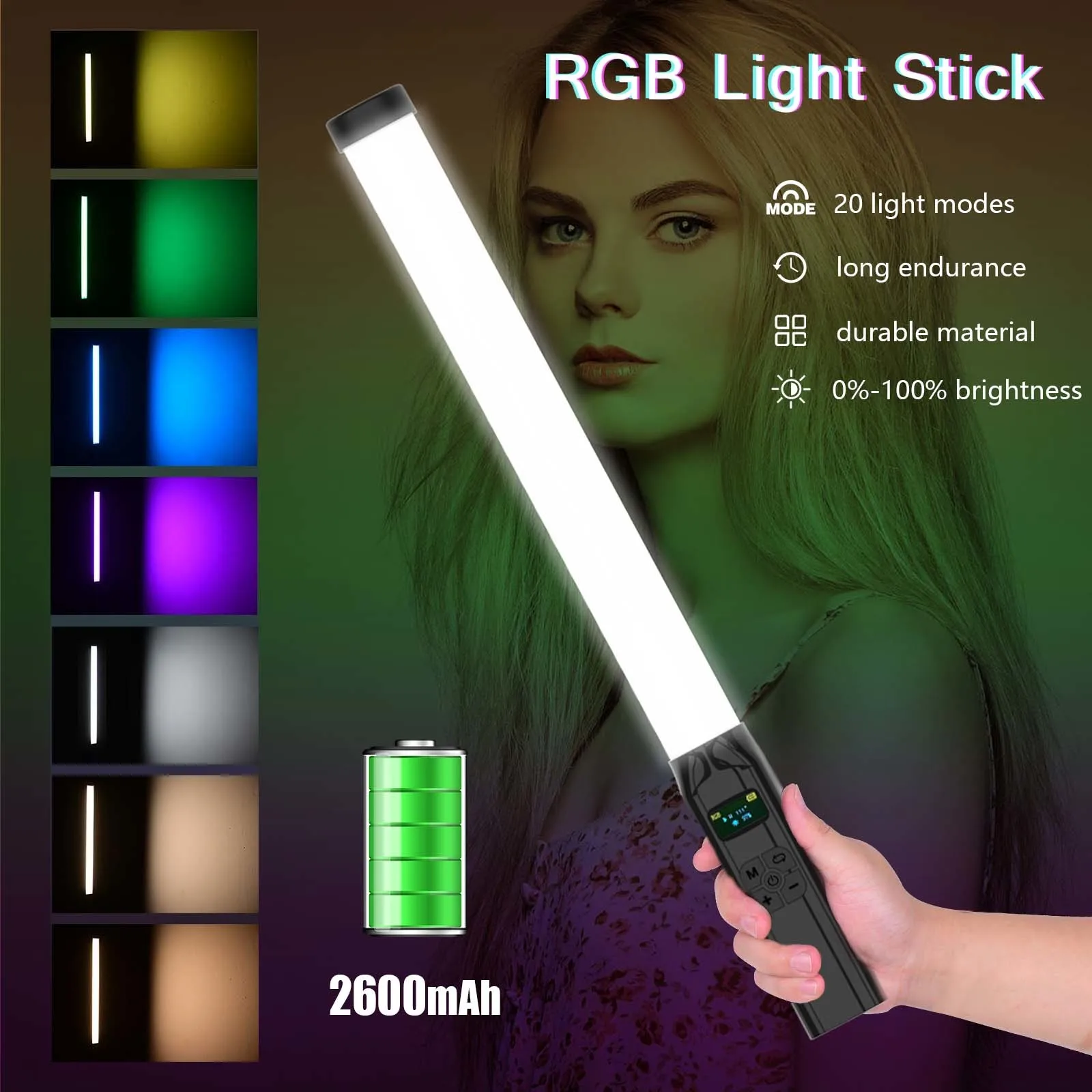 촬영용 RGB 휴대용 LED 라이트, 360 ° RGB 비디오 지팡이 스틱, 2600mAh 내장 충전식 큐브 라이트, 2500-9000K 카메라 라이트