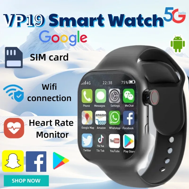 VP19 Unisex Smart Watch Android 10 OS 180 Rotating Camera WiFi 4G 5G SIM GPS Tracking Fitness Tracker Heart Rate Monitor Sleep