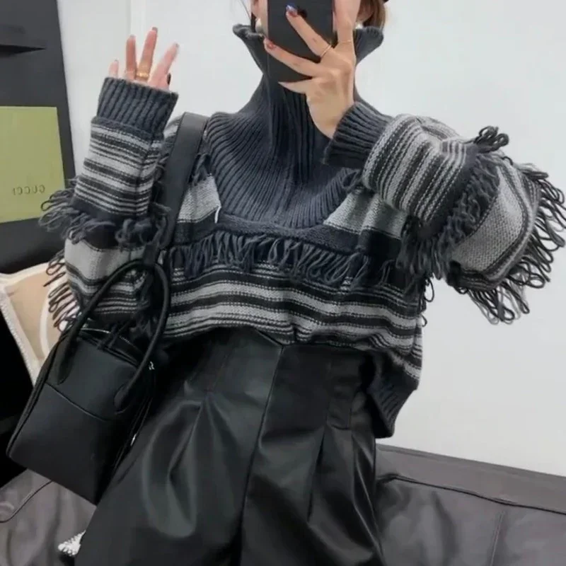 

Autumn Vintage Zipper Turtleneck Sweater Women Long Sleeve Pullovers Winter Fashion Stripe Tassel Lady Sweaters Pull Femme 29593