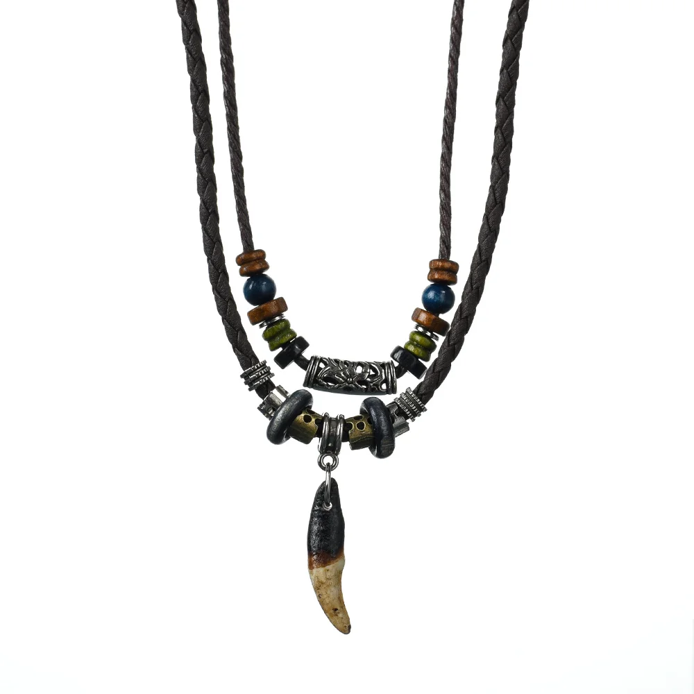 Vintage Men's Wolf Tooth Pendant Necklace Double Layer