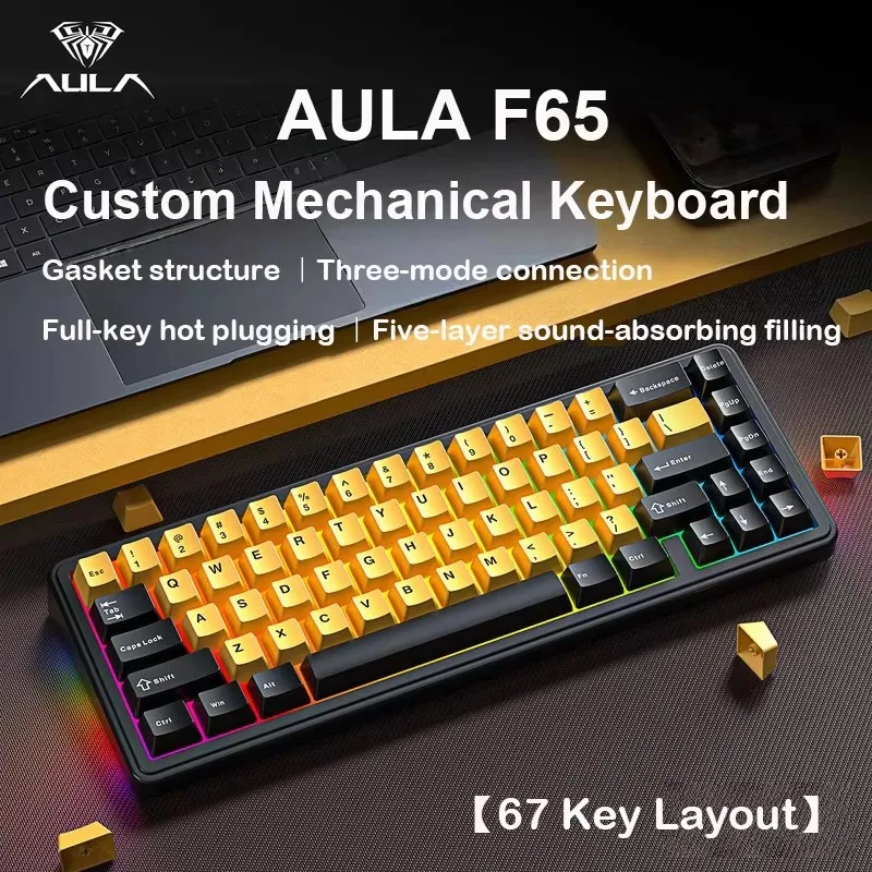 AULA F65 65% 레이아웃 핫스왑 가스켓 마운트 유선 블루투스 2.4G 무선 기계식 키보드 RGB (Mac/Win/게이밍용)