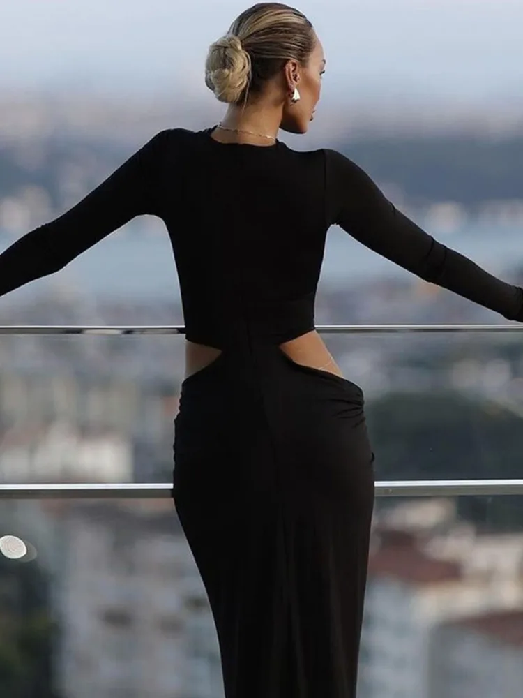 Blifanbo Long Sleeve Hollow Out Sexy Maxi Dress For Women Fashion Slim O Neck Patchwork Bodycon Elegant Club Party Long Dress 4