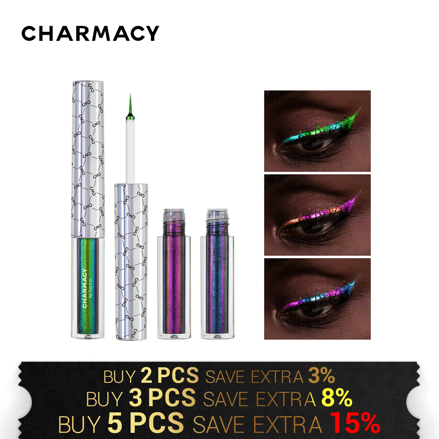 CHARMACY Duochrome Glitter Liquid Eyeliner Waterproof Long-lasting Ultra-Fine Tip Smudge-proof Eye Liner Makeup for Women 3