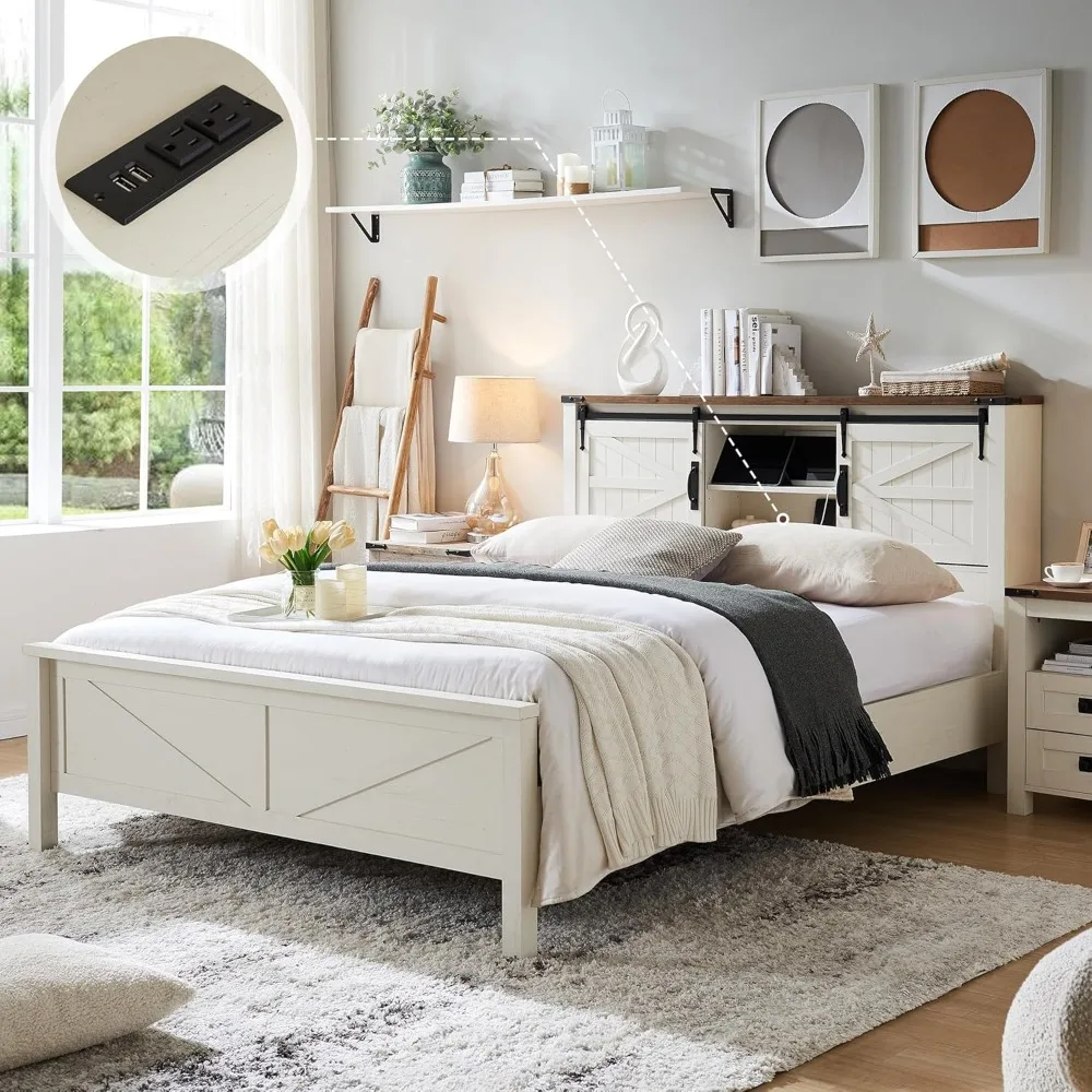 Farmhouse Queen Size Bed Frame w/Storage Bookcase Headboard, Sliding Barn Door, Charging Station, Rustic Wood Platform 6