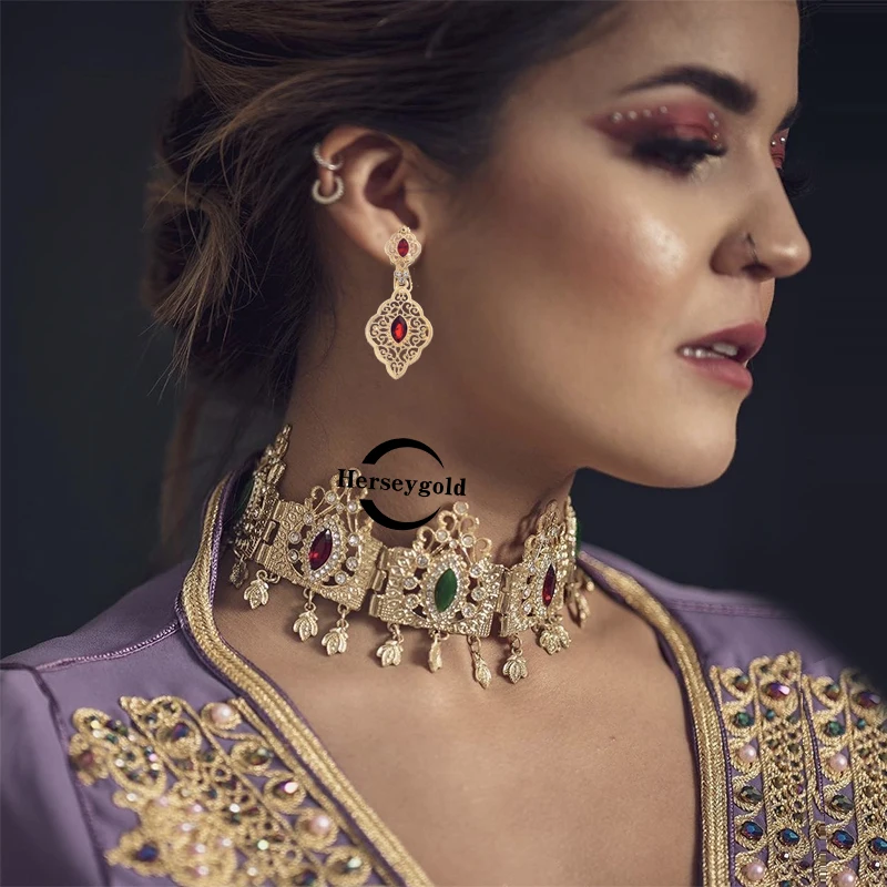 

Herseygold Morocco Wedding Jewelry Bridal Necklace Chain In Gold Ethnic Women Rhinestone Chockers Luxury Mother Day Gifts