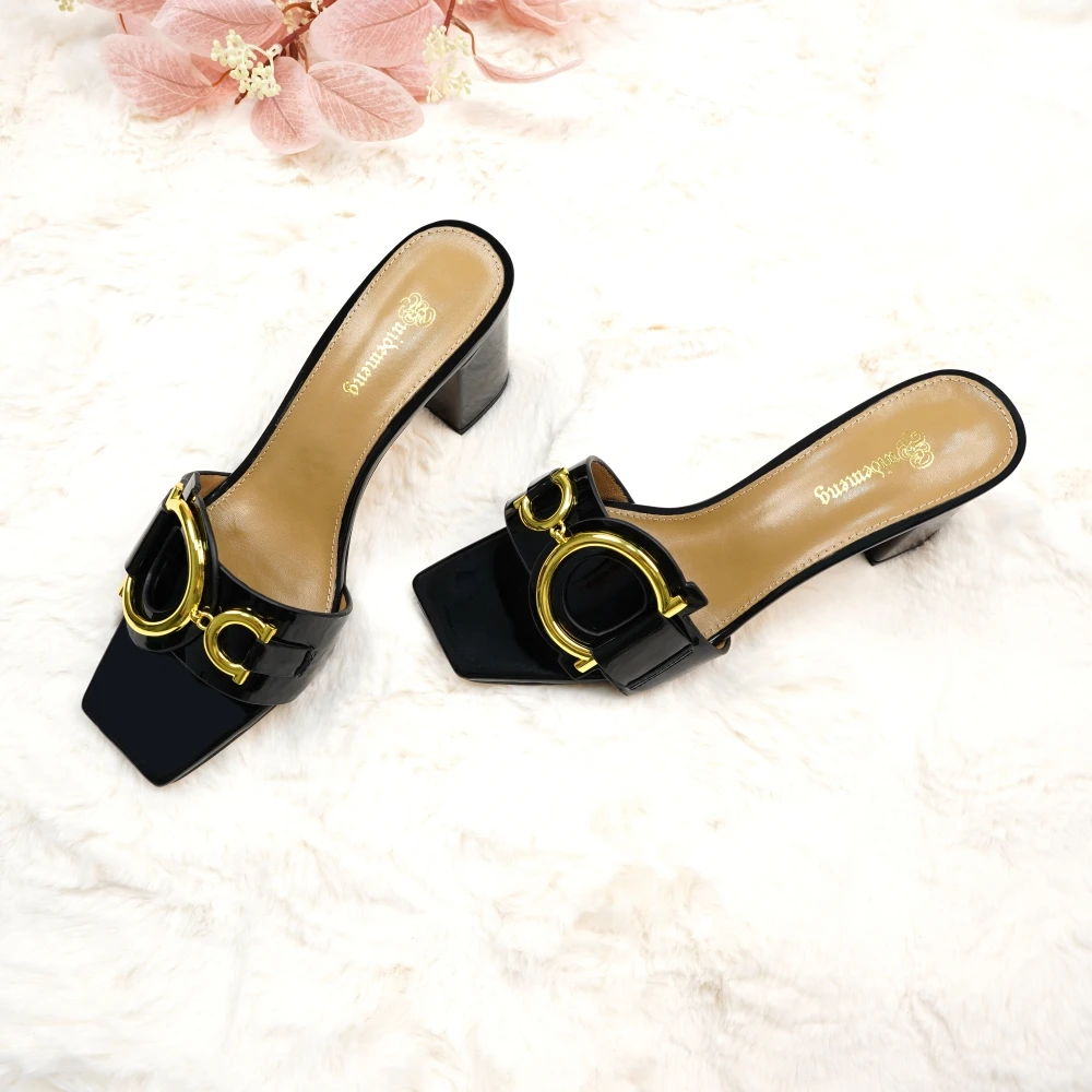 Fashion ladies high heels luxury leather slippers square toe women's shoes suitable for party and banquet slippers size 44