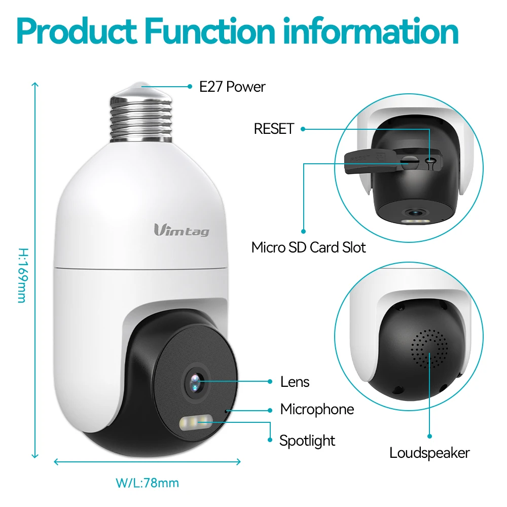Security Camera VIMTAG 4K CCTV WIFI Outdoor Surveillance Cam 360 PTZ/PIR Smart Light/Color Night Vision Indoor