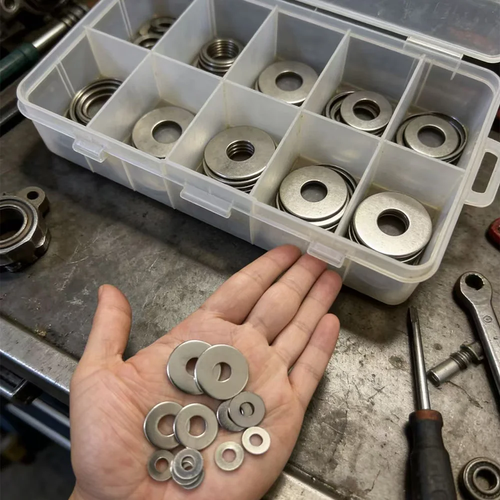 Set of 260 Large Stainless Steel Flat Washers with Various Center Hole and Outer Diameters