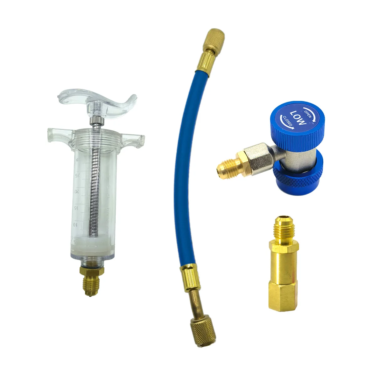 Car A/C Oil/Dye Injector 30Ml 1Oz with Low Side Quick Coupler Adapter 1/4 Air Conditioning Automotive Oiler Injection Syringe