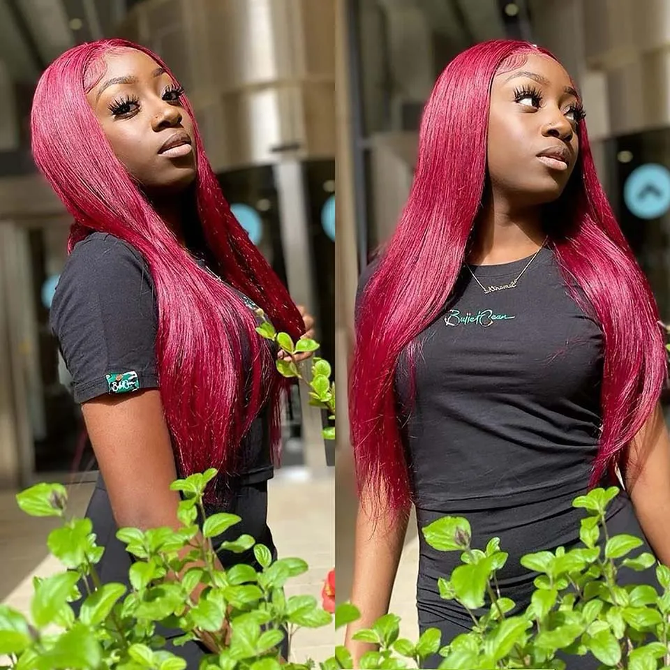 

Straight Burgundy Lace Front Wigs Human Hair 24 Inch 13x4 Wine Red Wig Pre Plucked with Baby Hair for Black Women 150% Density