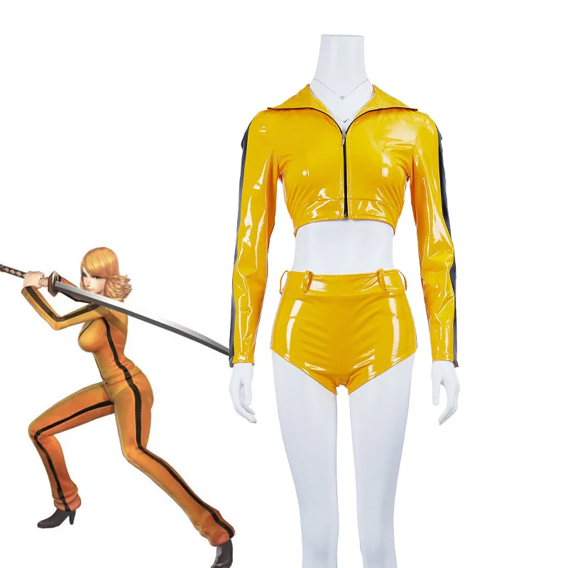 

Kill Bill The Bride Beatrix Kiddo Cosplay Costume Yellow Sexy Top Shorts Tight Navel Exposed Leather Jacket Full Set For Women