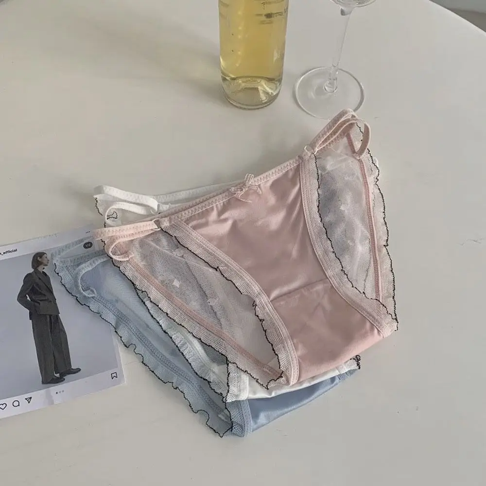 활 레이스 메쉬 새틴 팬티, 로우 웨이스트 티팬티, 레이스 새틴 팬티, 여성 란제리