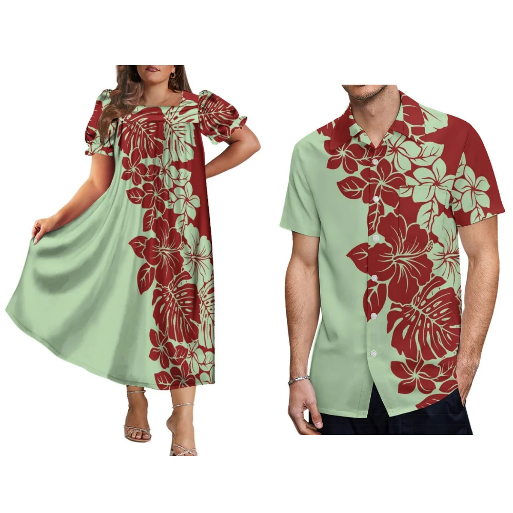 Polynesian Tribal Couple Dress Custom Samoan Traditional Ethnic Couple Suit Mumu Casual Art Dress And Beach Party Men'S Shirt
