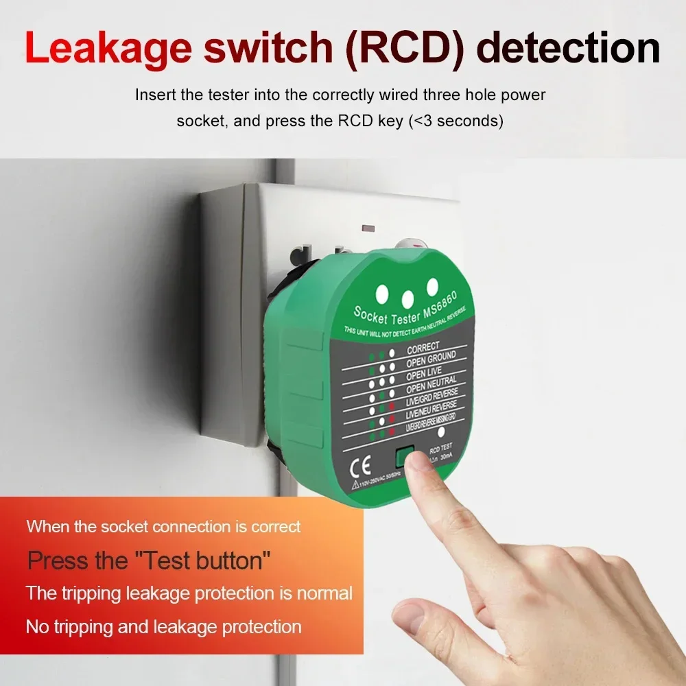 Socket Tester Pro Voltage Test RCD 30mA Socket Detector UK EU Plug Ground Zero Line Plug Polarity Phase Check