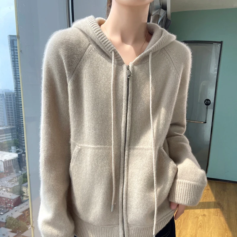 Cashmere Sweater Autumn Winter 100% Pure Wool Sweater Women's Hooded Collar Knitted Cardigan Fashion Korean Larg Size Thick Coat 4