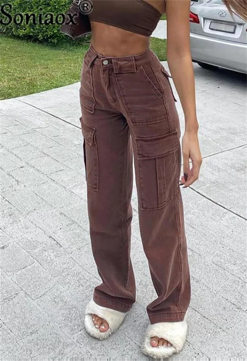 Casual Wear Cargo Pants Baggy Organ Jeans Women Fashion Multiple Pockets Wide Leg High Waist Straight Denim Trousers Overalls