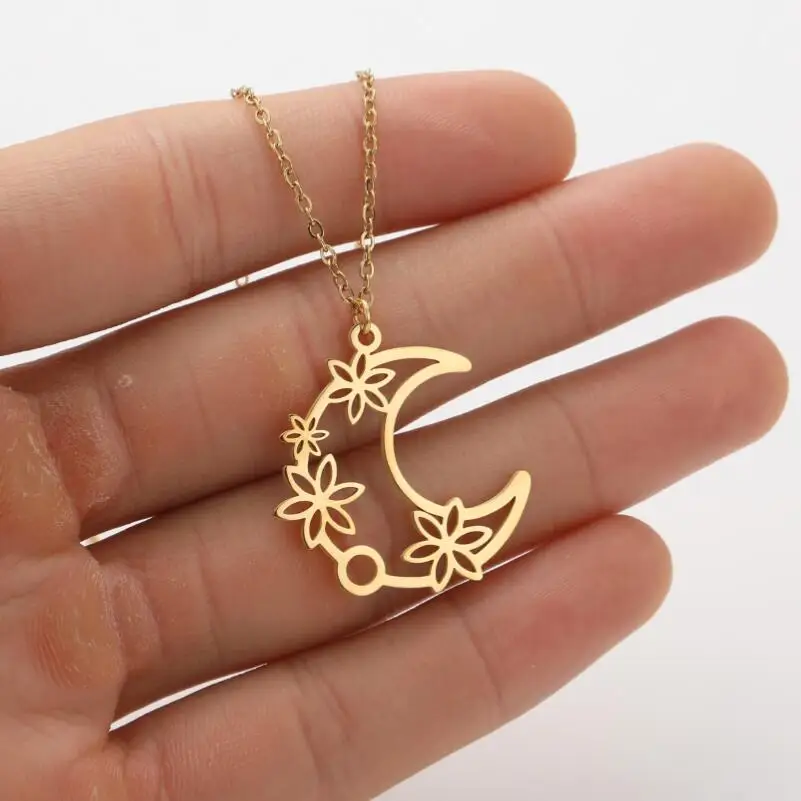 SMJEL Vintage Crescent Blume Edelstahl Halskette Mond Sterne Hexe Anhänger Halskette für Frauen Kette Schmuck Party Geschenk – Detail 7