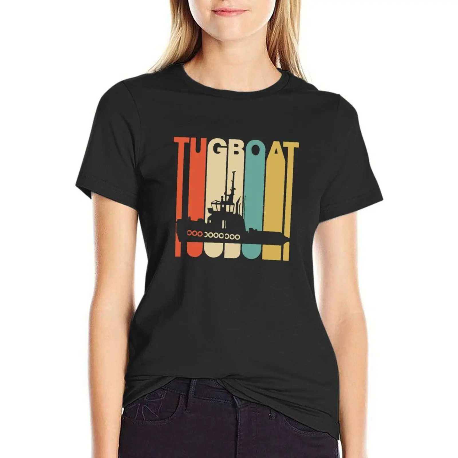 

Vintage Style Tugboat Silhouette Shirt T-Shirt korean fashion summer tops womans clothing